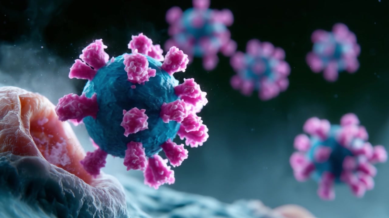 Dramatic Close-Up of Viruses Interacting with Host Cells in a Stunning Molecular Visualization Capturing the Intricacies of Infection Dynamics