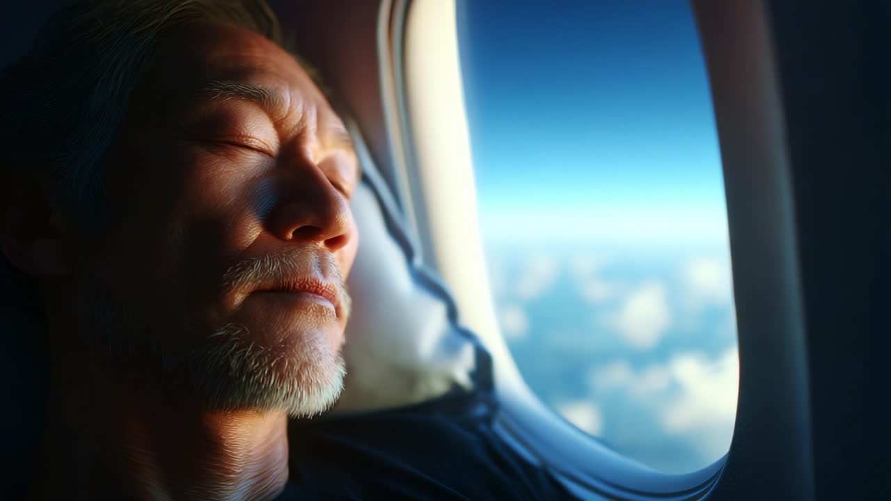 Um momento sereno: um homem mais velho desfruta de um sono tranquilo enquanto viaja de avião, capturado através da janela da aeronave com um plano de fundo de céus claros e nuvens suaves