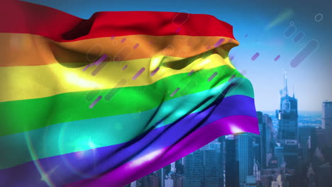 animation of rainbow flag over cityscape