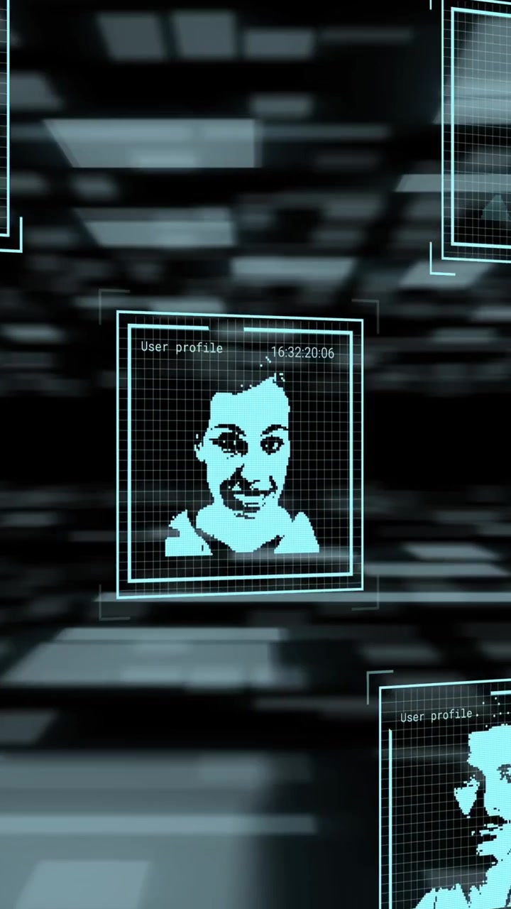 Animaatio biometristen kuvien ja tiedonkäsittelyn välkkyvien valojen taustalla.