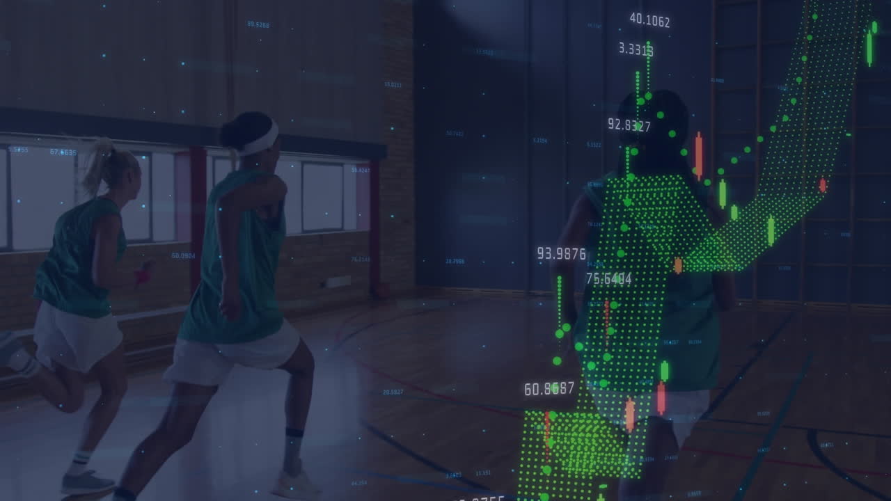Animation of financial data processing over diverse group of female basketball players at gym