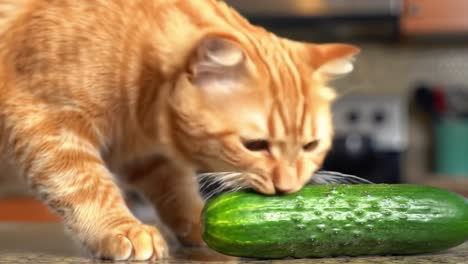 curious cat encountering a cucumber: a playful moment of feline curiosity and surprise in the kitchen