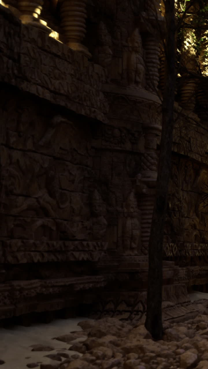 Antiche incisioni rupestri in un sito templare nella foresta al crepuscolo.