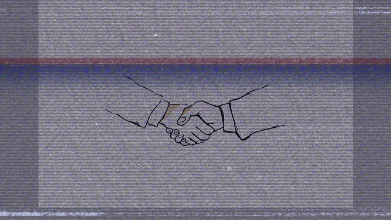 Animation of lines of distortion and interference, over business people shaking hands