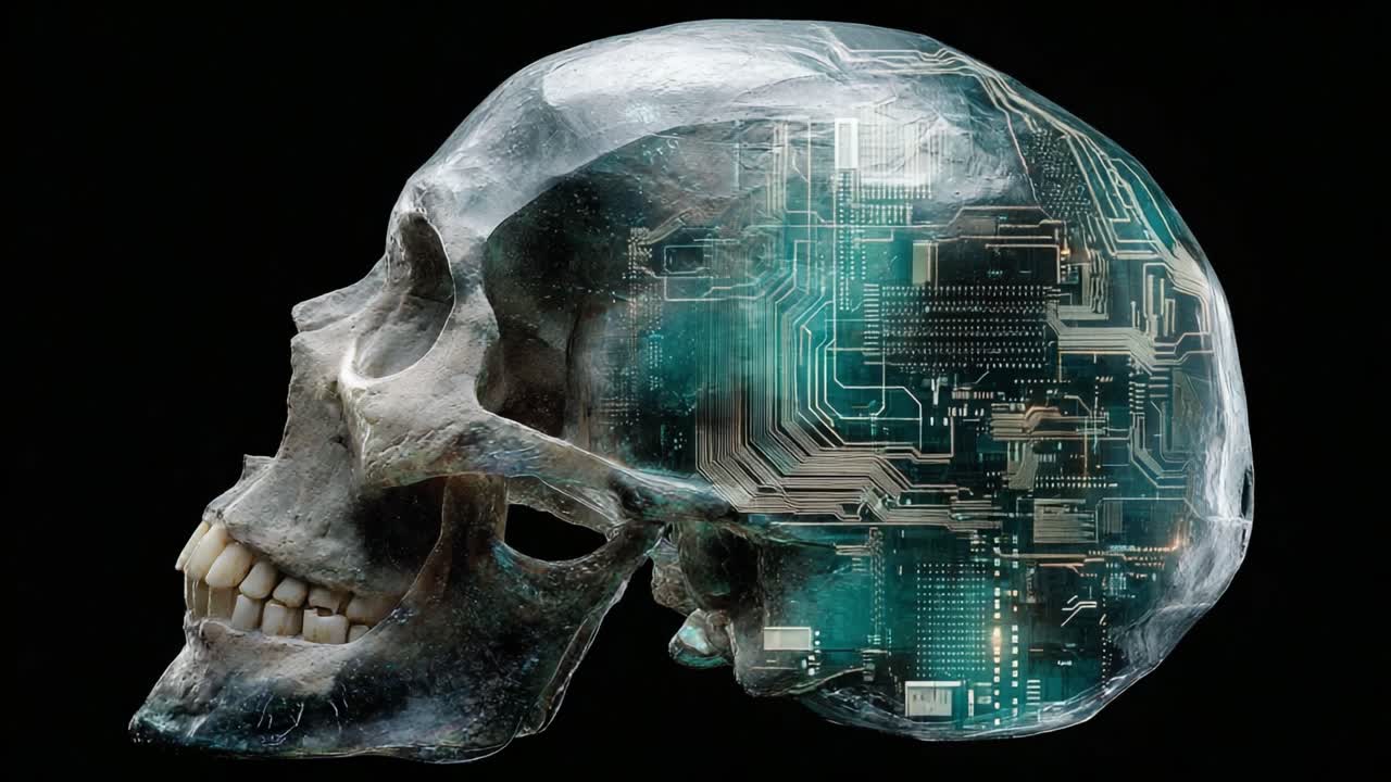 An Intriguing Fusion of Anatomy and Technology: A Transparent Skull Illustrating the Convergence of Biological Structures and Digital Circuitry in a Thought-Provoking Visual Representation