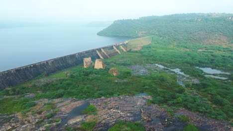 aerial drone shot of a irrigation dam in gwalior , india