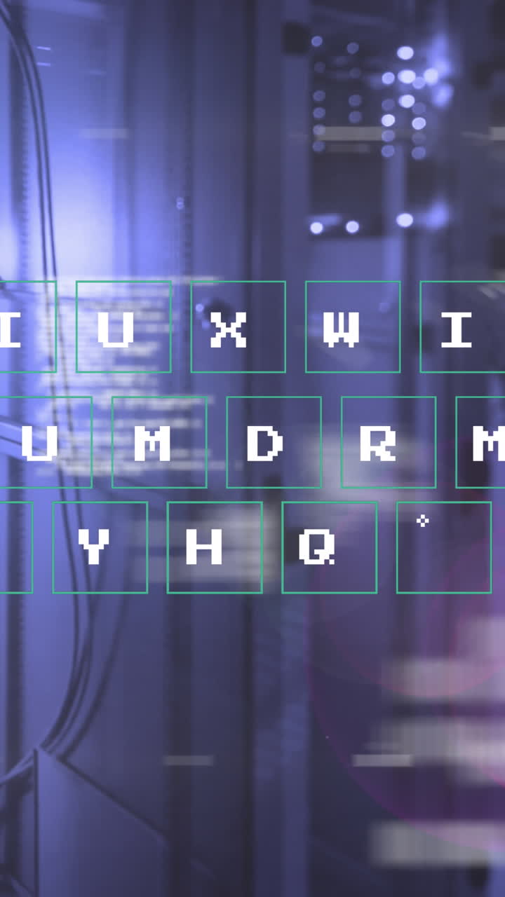 Animatie van dataverwerking en toetsenbord boven een serverruimte