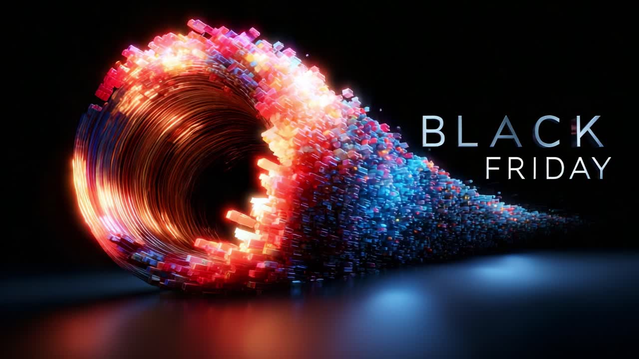 Dynamic and Colorful Wave Representation for Black Friday Promotions, Showcasing a Stream of Vibrant Pixels and a Sense of Exciting Movement Captured in Digital Art Form