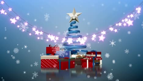 Animación-De-árbol-De-Navidad,-Regalos,-Luces-Y-Nieve-Que-Cae-Sobre-Fondo-Azul.