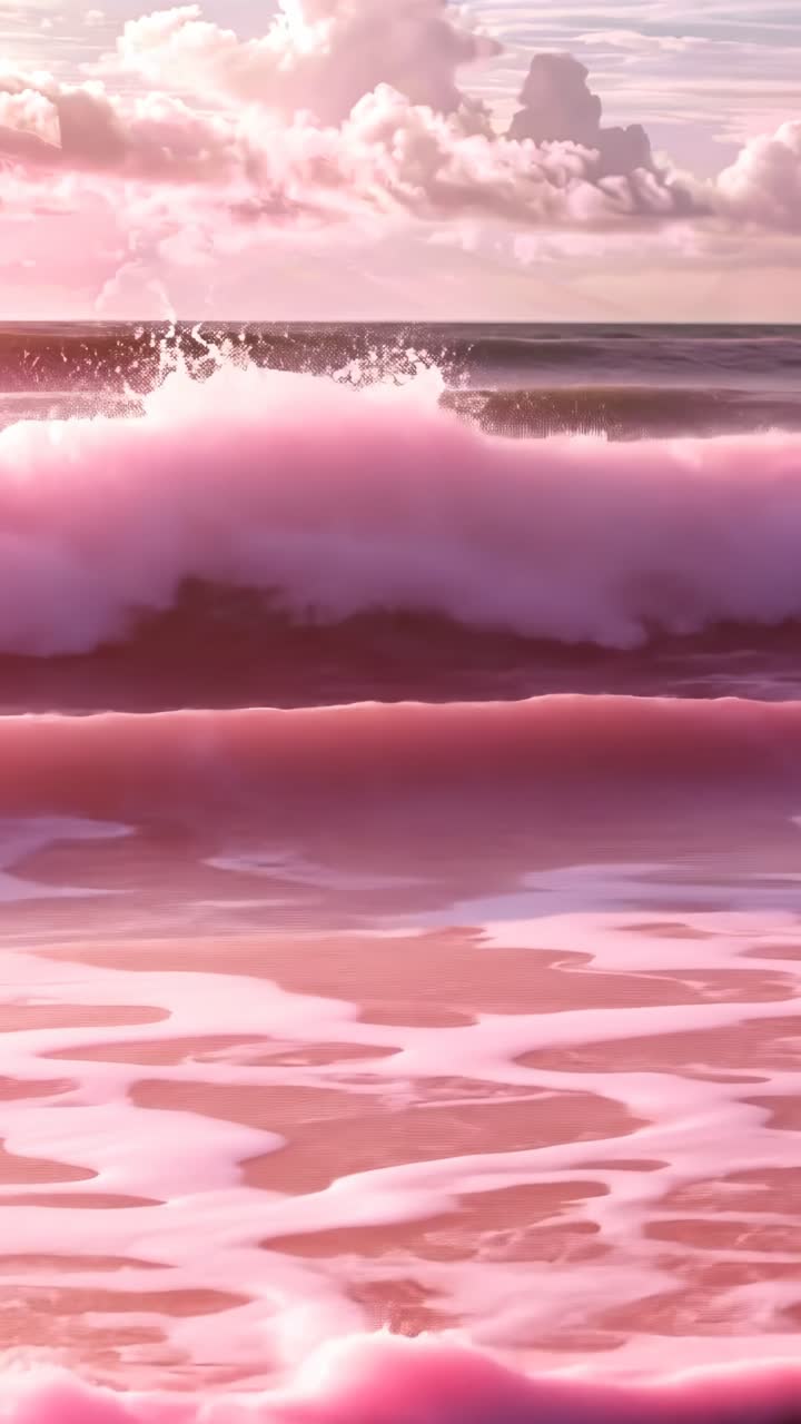 A dreamy, pastel-colored seascape with pink waves captured from a low angle, evoking a surreal