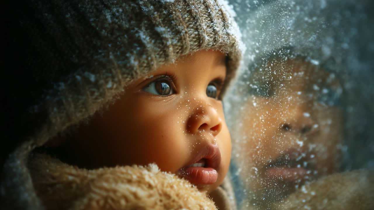 A Baby's Wonder: Enigmatic Expressions Captured Through a Snowy Window, Showcasing a Heartwarming Moment of Innocence and Curiosity in the Winter Wonderland