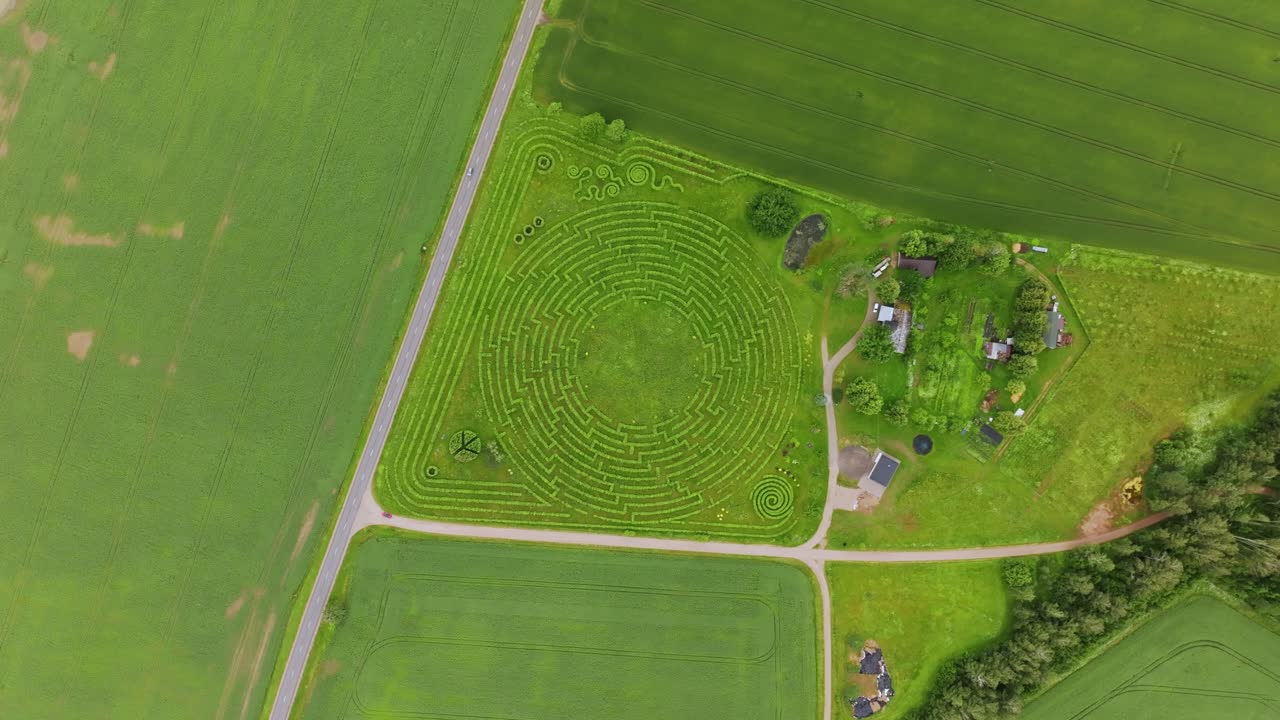 Cloudy day Top Down drone shot of rural spruce labyrinth in Jaunpils countryside