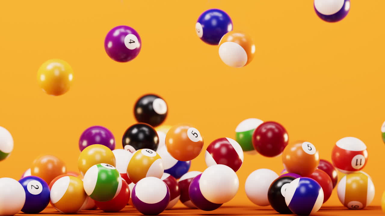 Colorful billiard balls with orange background, 3d rendering