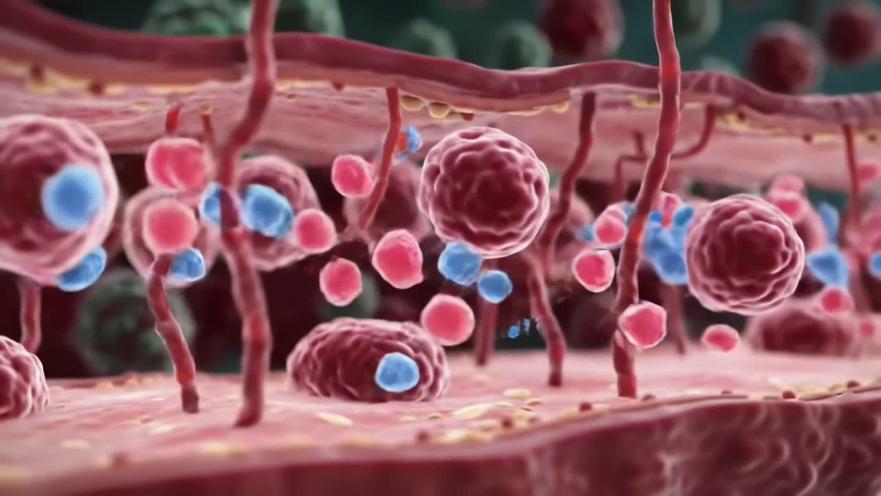 Intricate Visualization of Cellular Dynamics: Exploring the Interactions of Red and Blue Cells Within a Blood Vessel Environment at the Microscopic Level