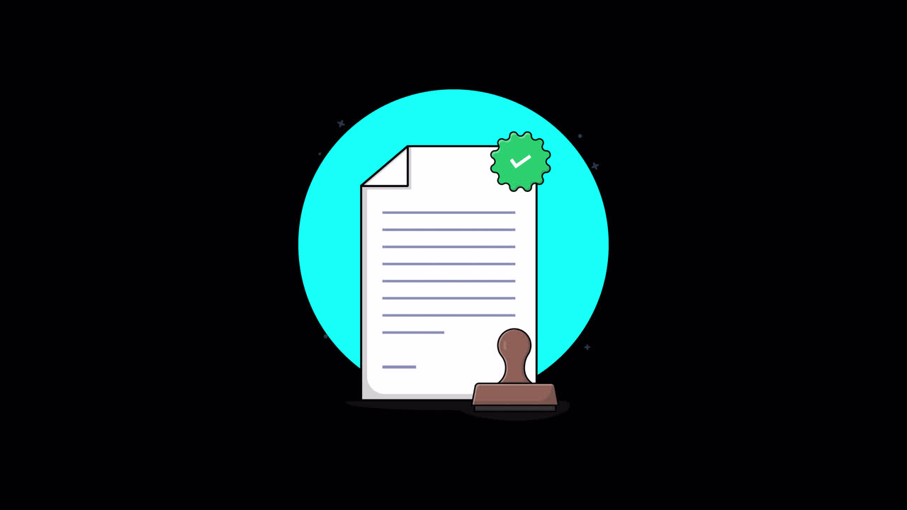 Documento animato con timbro e segno di spunta verde per approvazione