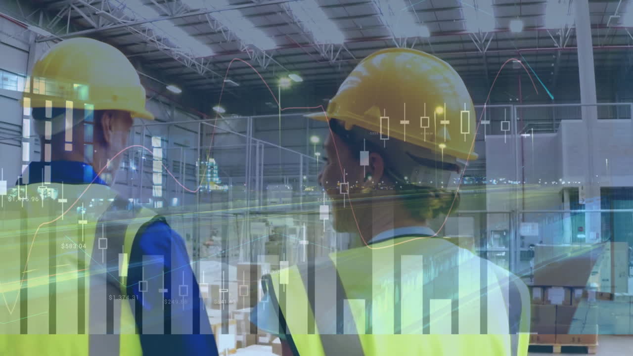 animación del procesamiento de datos sobre una mujer y un hombre hablando, trabajando en un almacén de envío