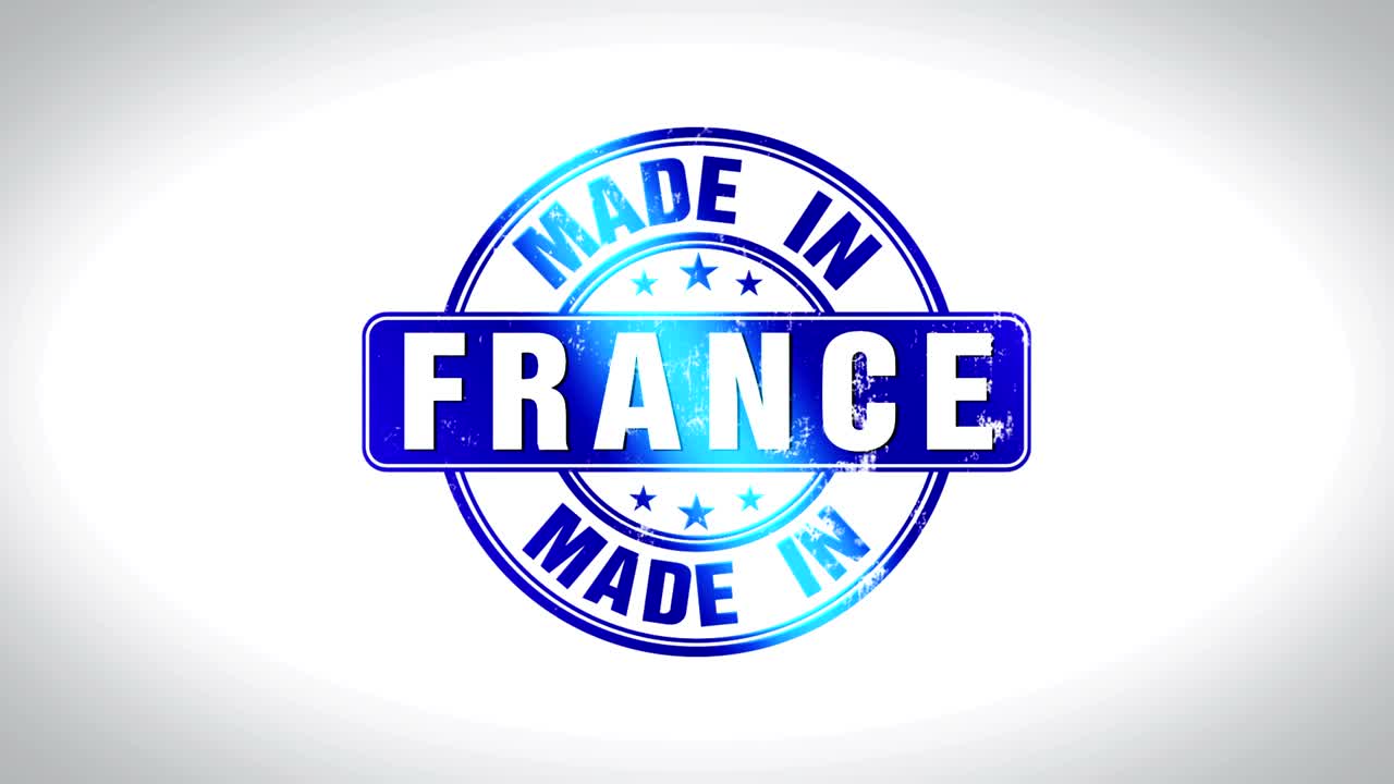 Animation av en 3D-animerad trästämpel med texten 'Made in France'