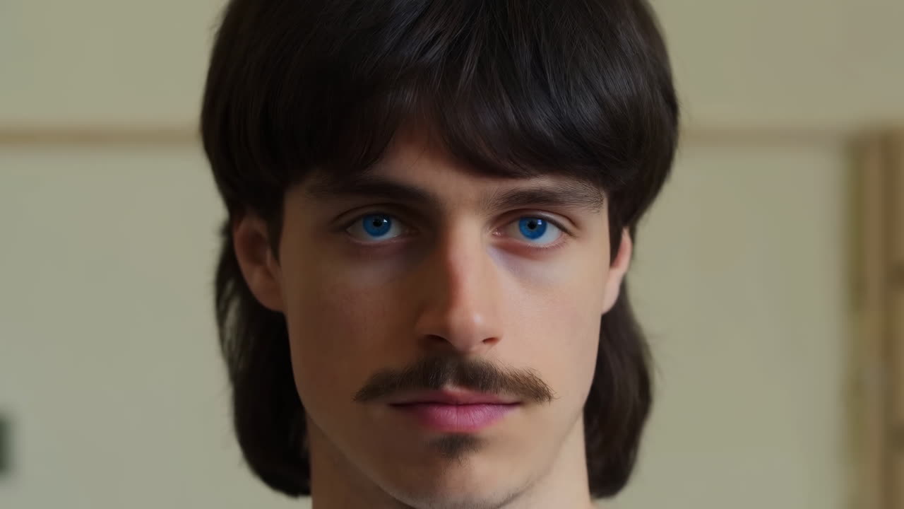 Close-up de um jovem com olhos azuis e bigode