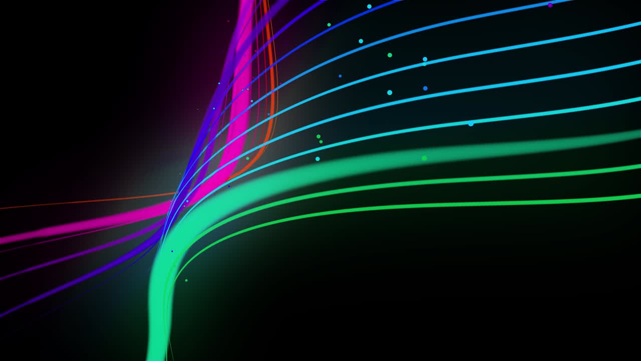 다채로운 네온 선이 공중에 흔들리고, 부드럽게 진동하고, 파동하며, 선의 색은 순환적으로 변하며, 달리는 불빛을 형성합니다. 3d 추상 루프 4k 배경, 알파 채널로 루마 매트.