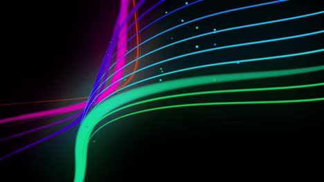 las líneas de neón multicolores se balancean en el aire, oscilando suavemente y ondulando. las líneas cambian de color cíclicamente formando luces de funcionamiento. fondo de 4k en bucle abstracto, luma mate como canal alfa