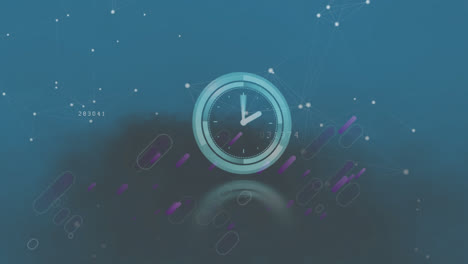 animation of light trails over neon ticking clock and network of connections on blue background