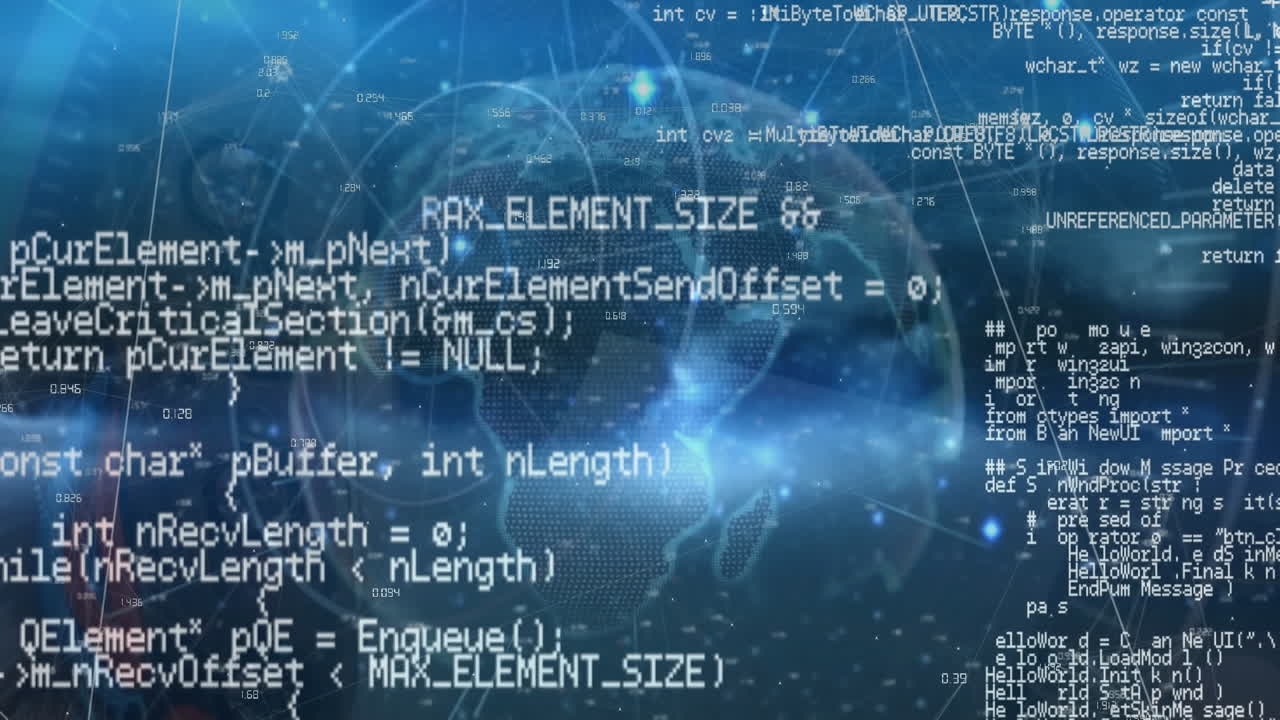 데이터 처리의 애니메이션과 파란색 배경에 회전하는 지구 위의 빛의 점