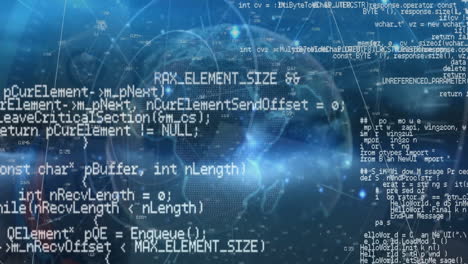 Animation of data processing and light spot over spinning globe against blue background