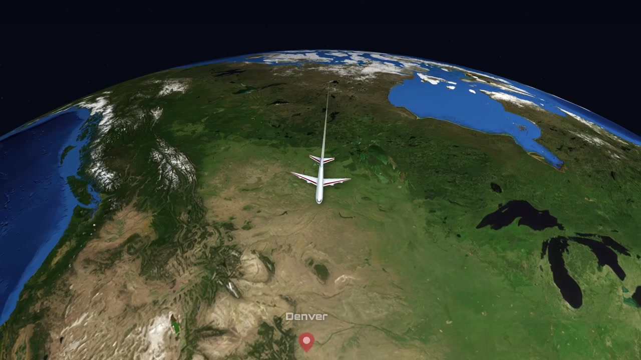 A 3D airplane flies across a digital globe from Mumbai, India to Denver, Colorado
