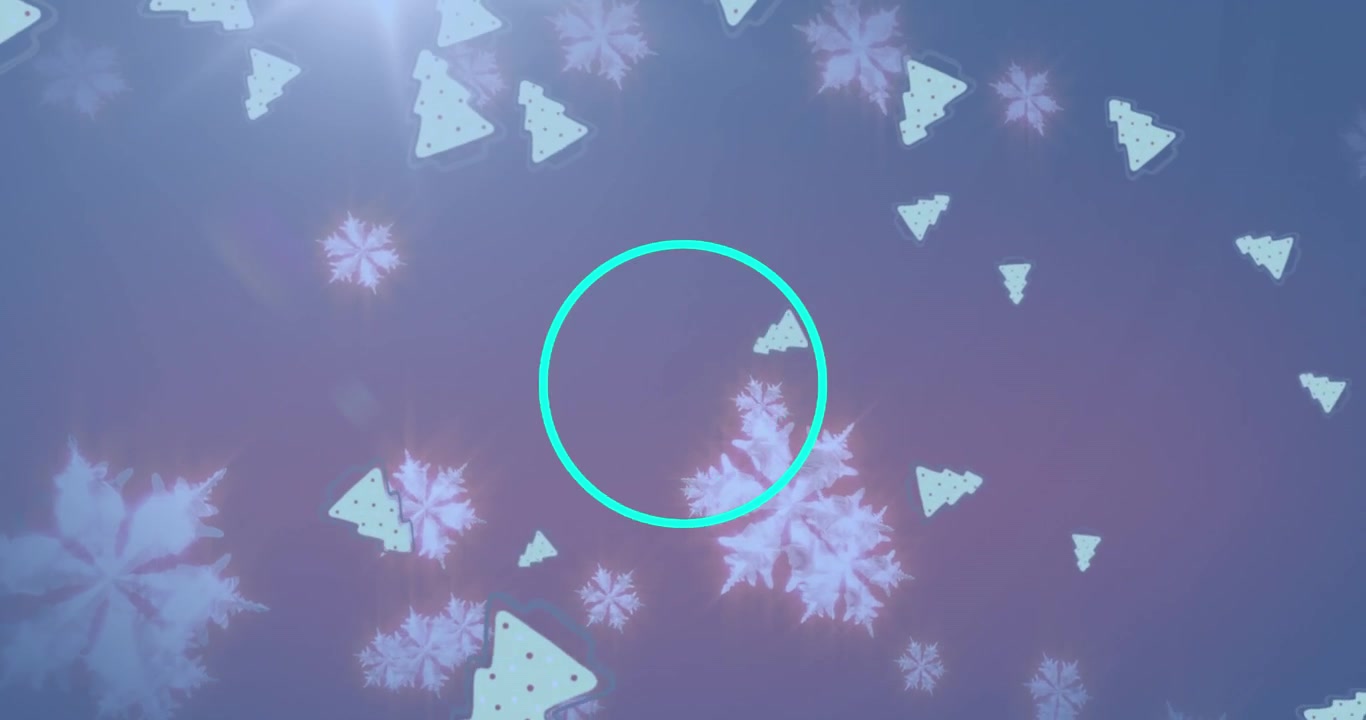 Animation of abstract neon shapes in seamless pattern over snowflakes and christmas tree icons