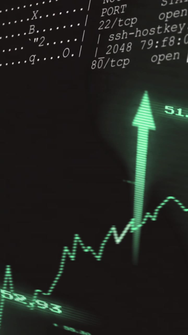 Animazione di un grafico con frecce su elaborazione dati su sfondo nero.