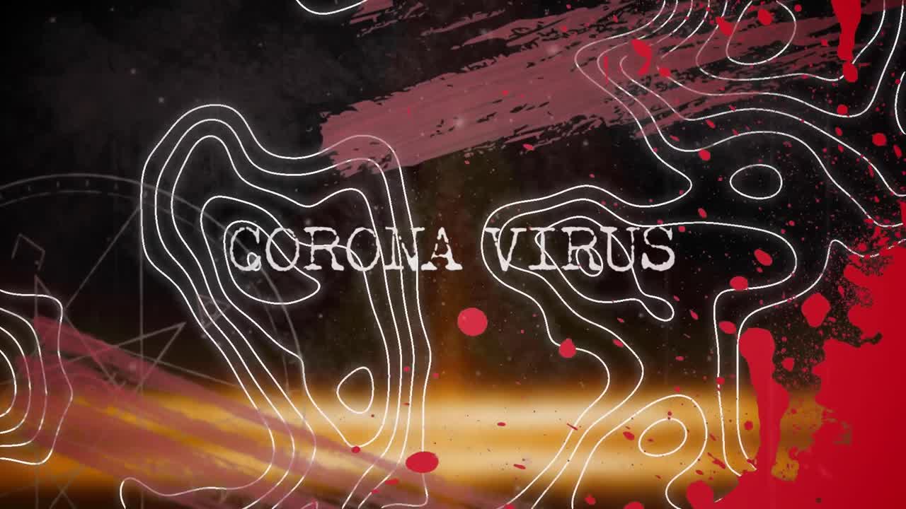 texto de coronavirus sobre topografía contra salpicaduras de pintura y trazos en fondo negro