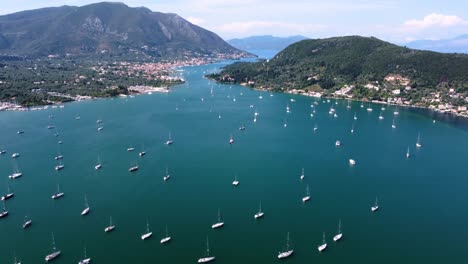 vlicho natural bay full of anchored sailing boats, lefkada, greece