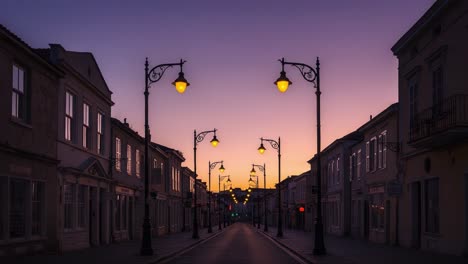 a serene street at dusk and nighttime: exploring the beauty of quiet urban landscapes with charming illuminated lamp posts and vibrant skies