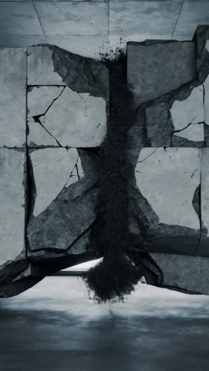 Vertical video: Shifting cracked blocks cracking seam, spilling debris in hall, revealing portal