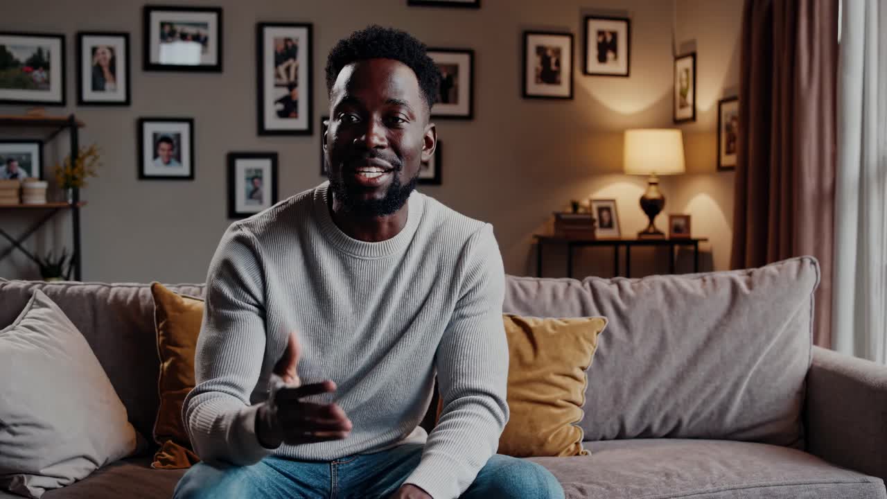A man sits on a sofa in a cozy living room, engaging in a video call