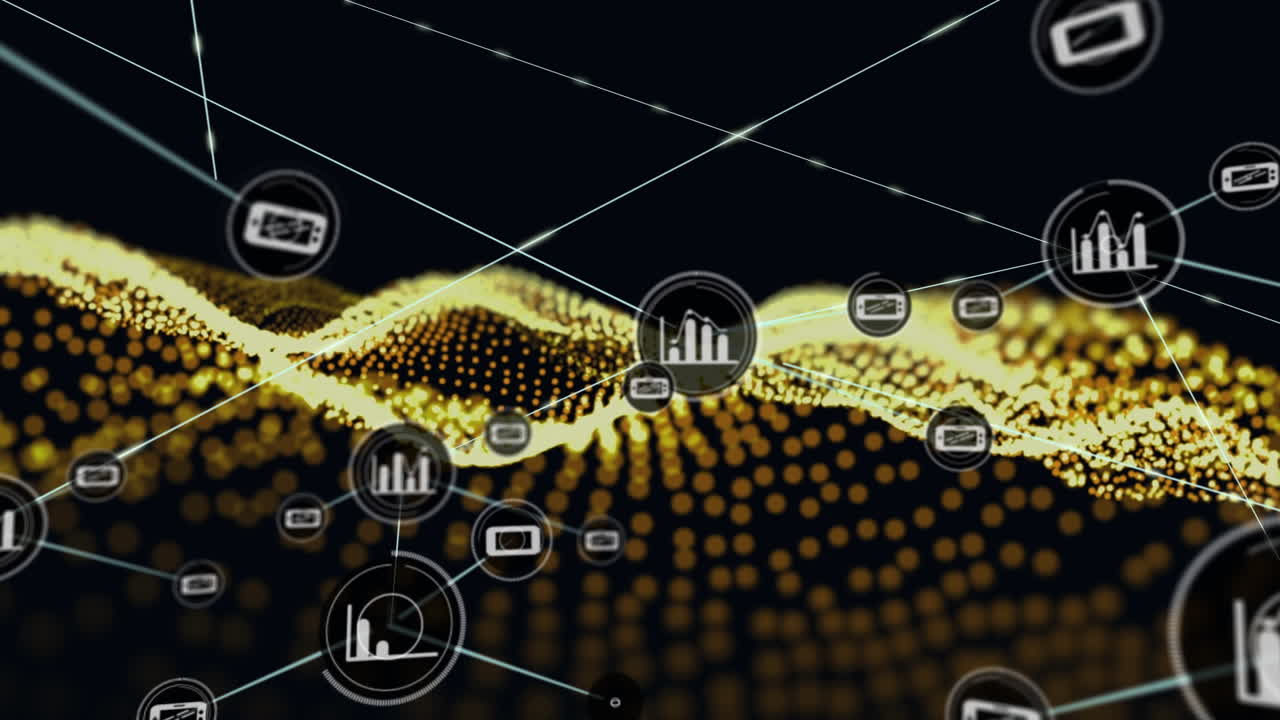 Animation of network of connections with icons over mesh and black background
