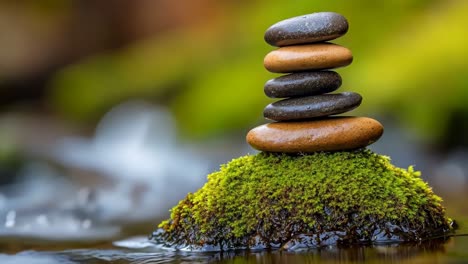 a stack of rocks sitting on top of a moss covered rock in the water