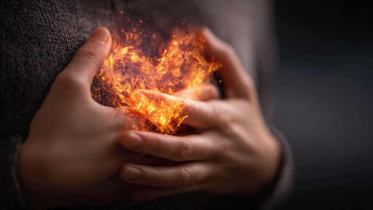 Uma Representação Simbólica da Paixão: Mãos Segurando um Coração Flamejante, Ilustrando Emoções Profundas e Sentimentos Intensos de Amor e Devoção Através de Imagens Criativas