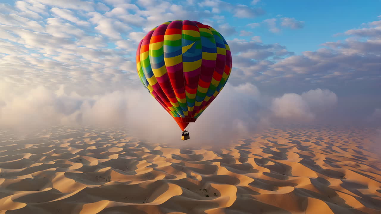 Colorful Hot Air Balloon Soaring Over Vast Desert Dunes