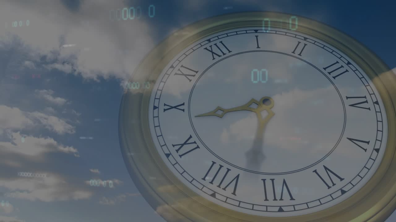Sfarfallio HUD che avvia la sovrapposizione di un orologio antico che fluttua nel cielo, lancette dorate che ruotano, mostrando l'ora.