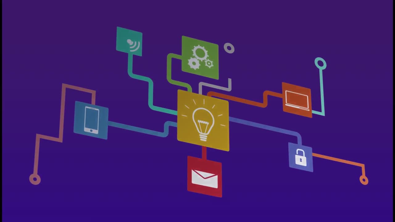 Animation of network of connections with icons on purple background