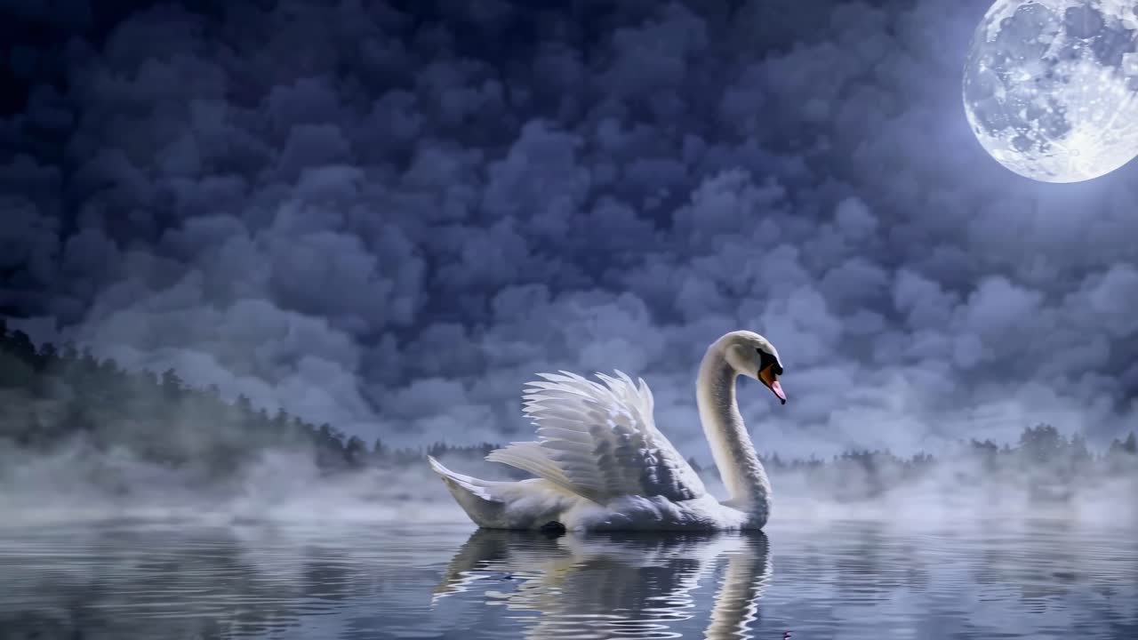 A serene video of a swan gliding across a misty lake under a full moon, creating a mystical