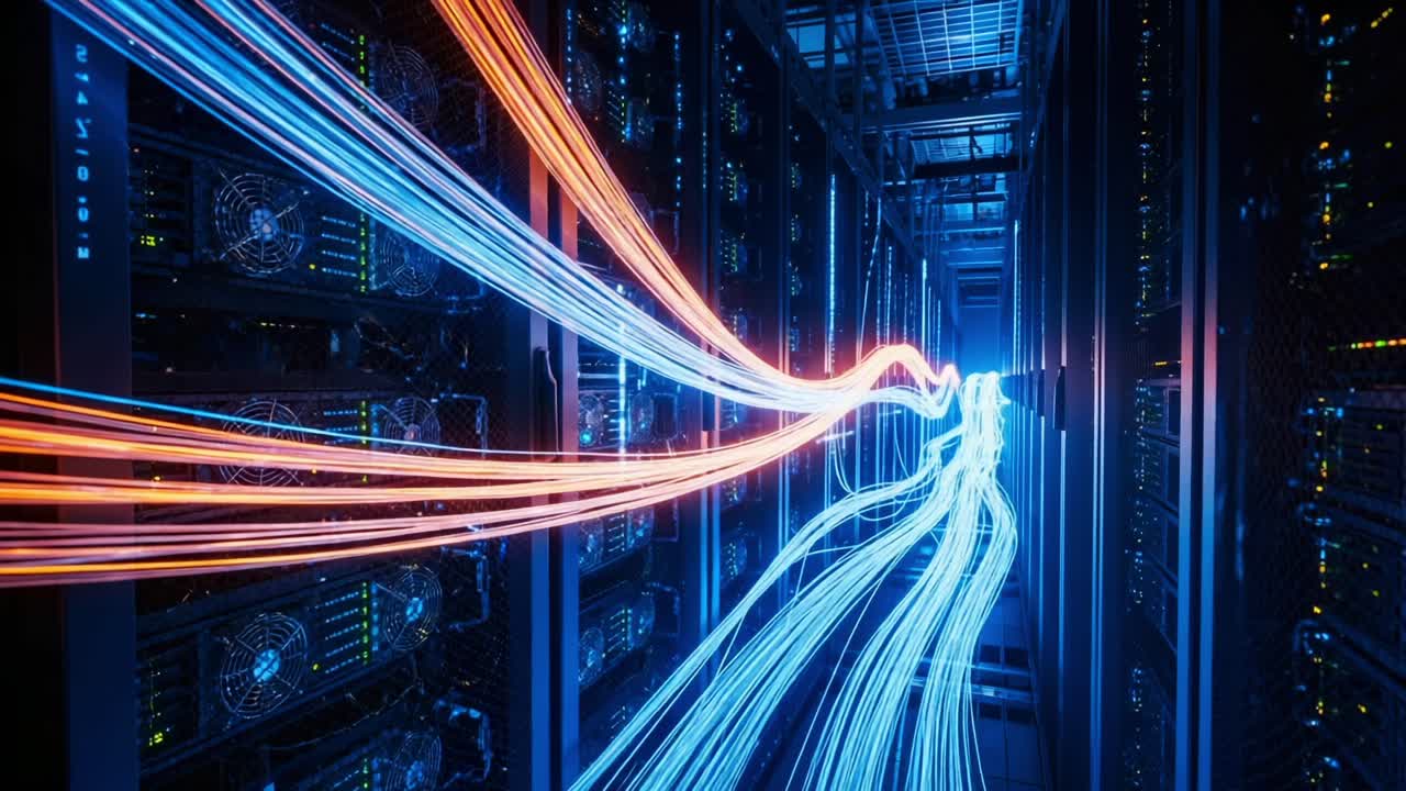 A Visual Representation of Data Flow in a Data Center, Showcasing Vibrant Light Trails Against the Background of High-Performance Server Racks