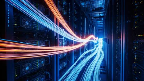 a visual representation of data flow in a data center, showcasing vibrant light trails against the background of high-performance server racks