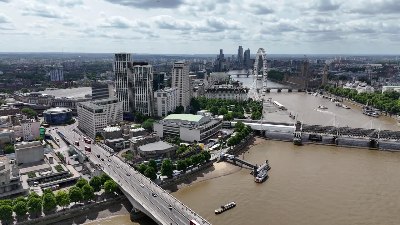 Aerial view of London’s South Bank and Waterloo Bridge. Stunning skyline, iconic Festival Hall, Festival Pier, and Thames River, showcasing London’s architectural charm.