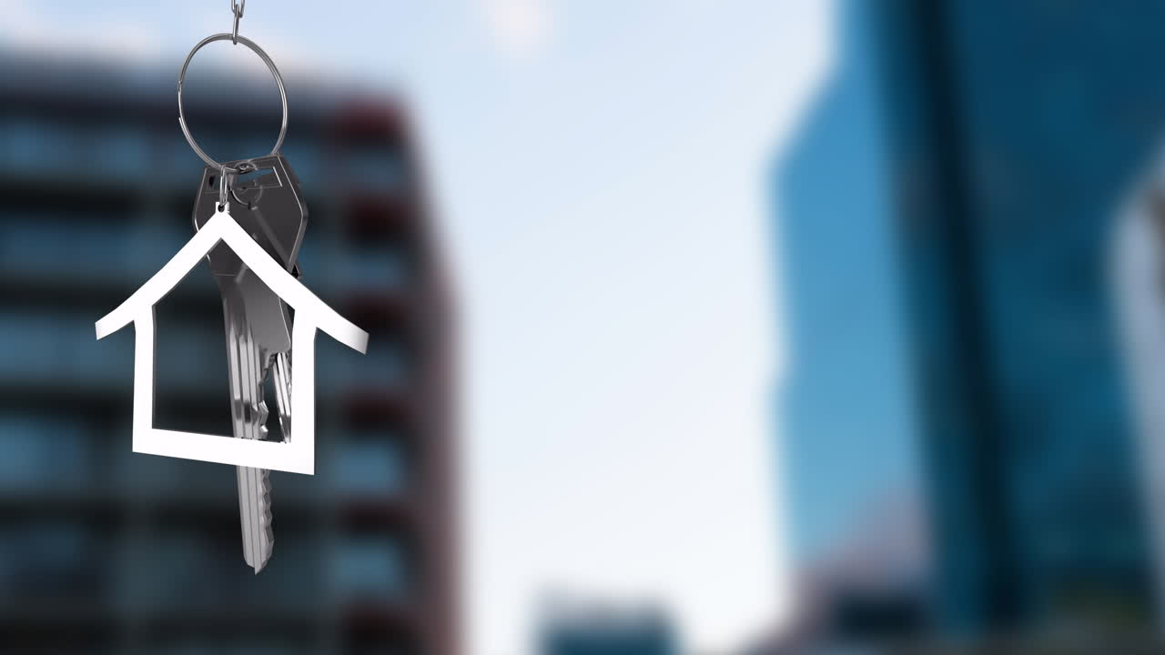 Animazione di una chiave di casa argentata e un portachiavi su un paesaggio urbano