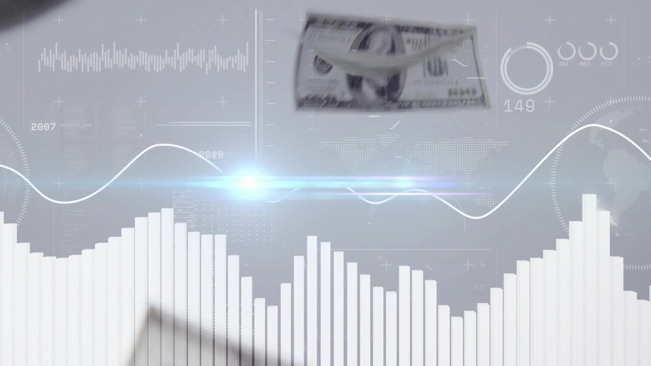 Su un dashboard che si riempie, grafici che pulsano, linee che si muovono, fatture che fluttuano e poi escono per mostrare il ciclo dei dati.