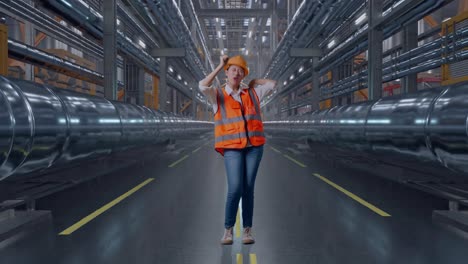 full body of asian female engineer with safety helmet screaming goal and dancing celebrating with metal pipes