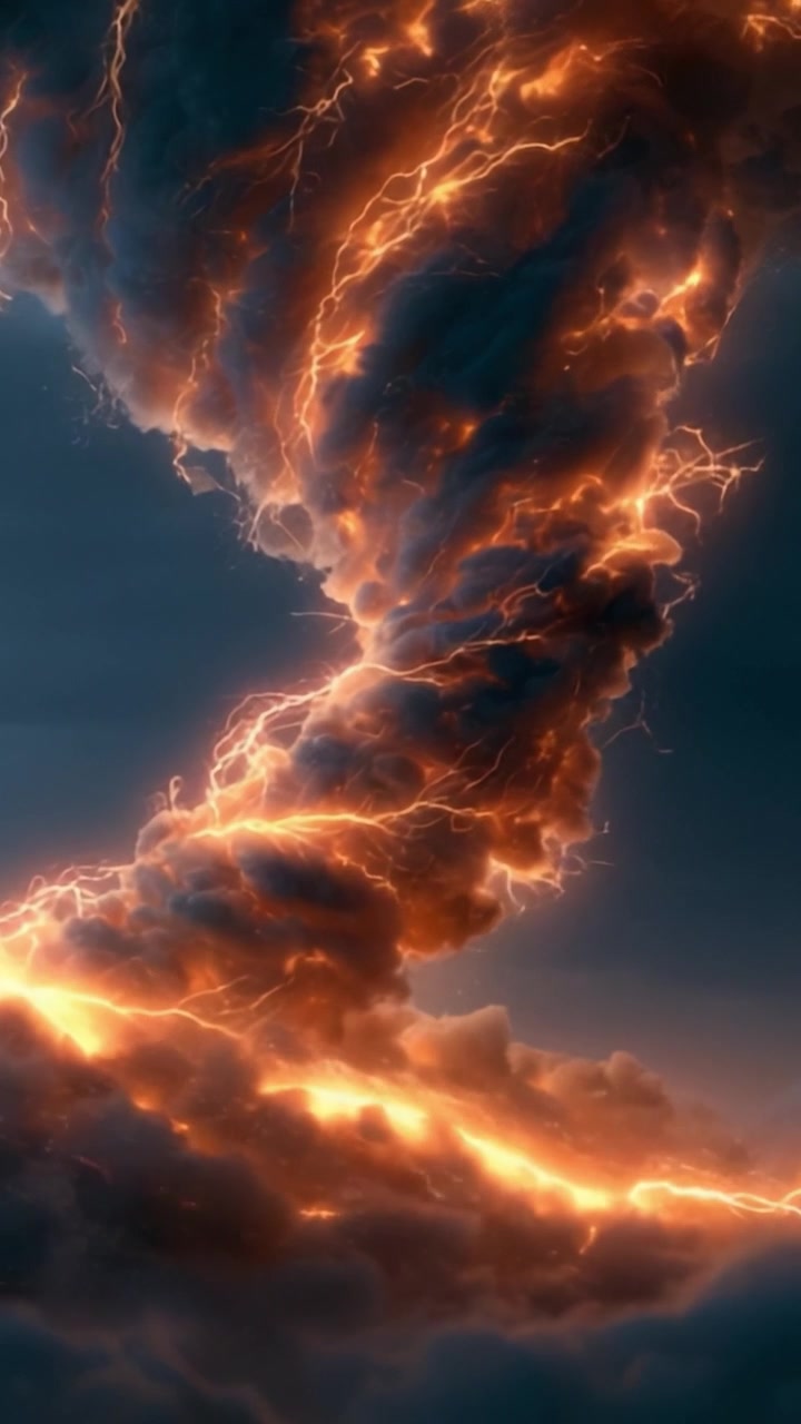 A mesmerizing display of swirling clouds illuminated by intense orange lightning, creating an awe-inspiring atmospheric phenomenon in a dramatic sky.