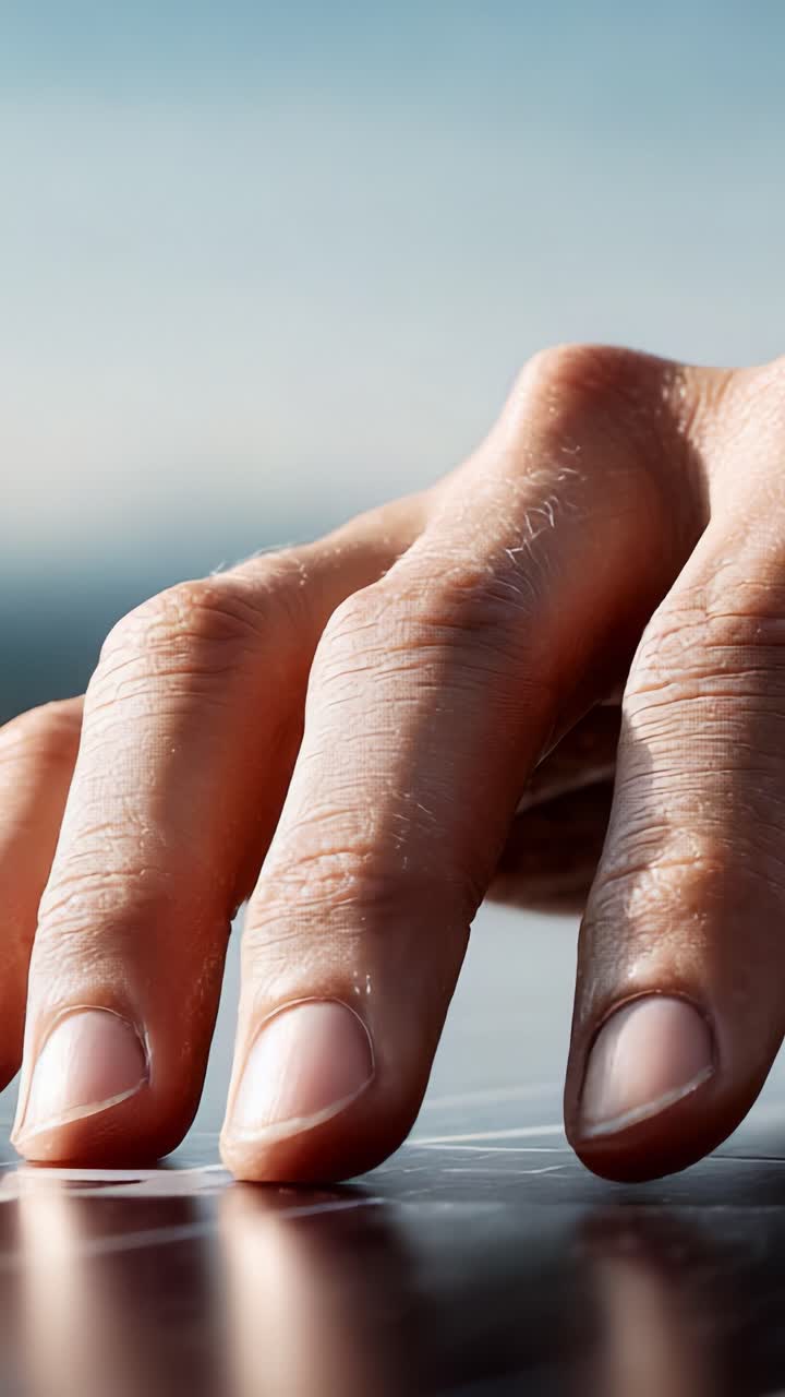 Close-up of a Hand Gently Touching a Smooth Surface, Capturing the Interaction with Texture and Light in the Environment while Evoking Curiosity